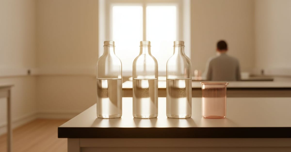 Plain glass bottles of clear water lit from behind on a white bench so the water reads completely clear.