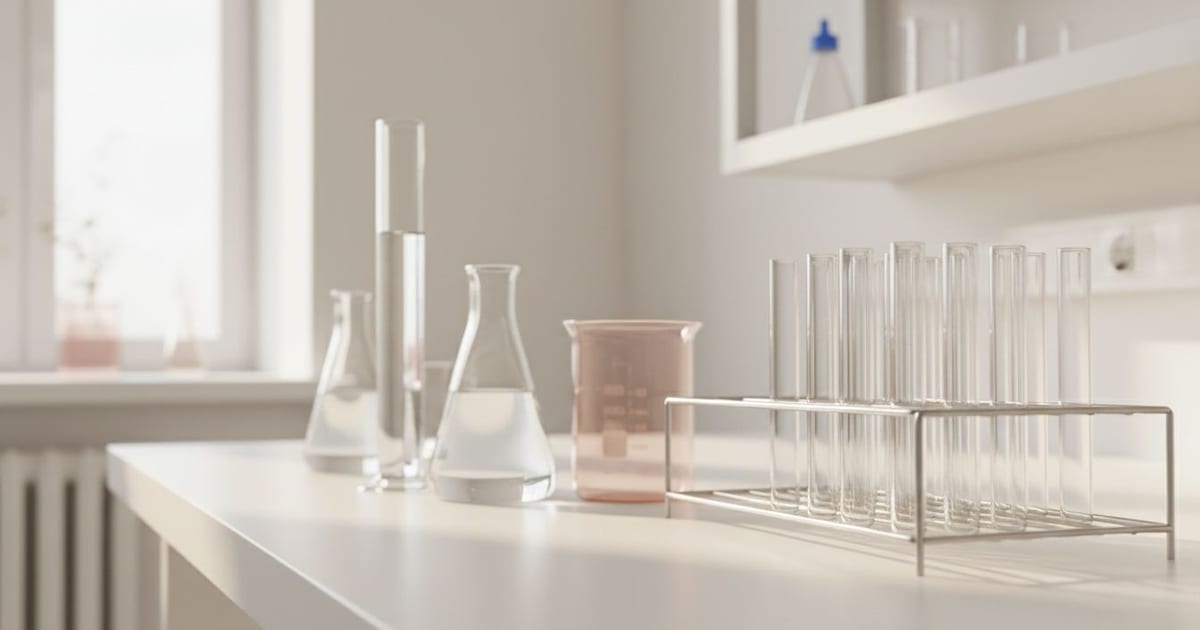 A flask, a measuring cylinder and a rack of plain glass tubes on a bright white laboratory bench.
