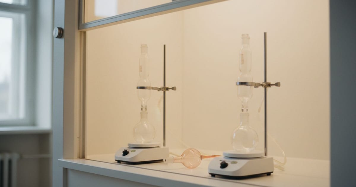 Two identical flask and condenser setups standing side by side on a white bench under a bright hood.