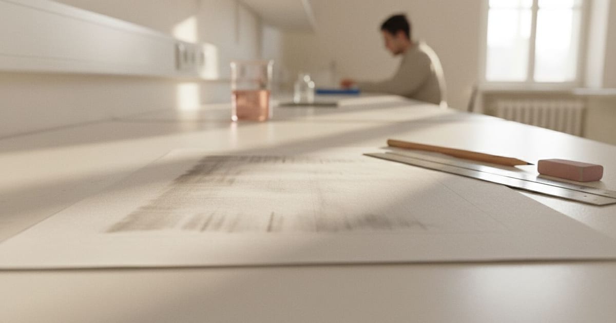 A printed chart lying flat on a bright bench with a steel rule and a pencil resting across one corner.