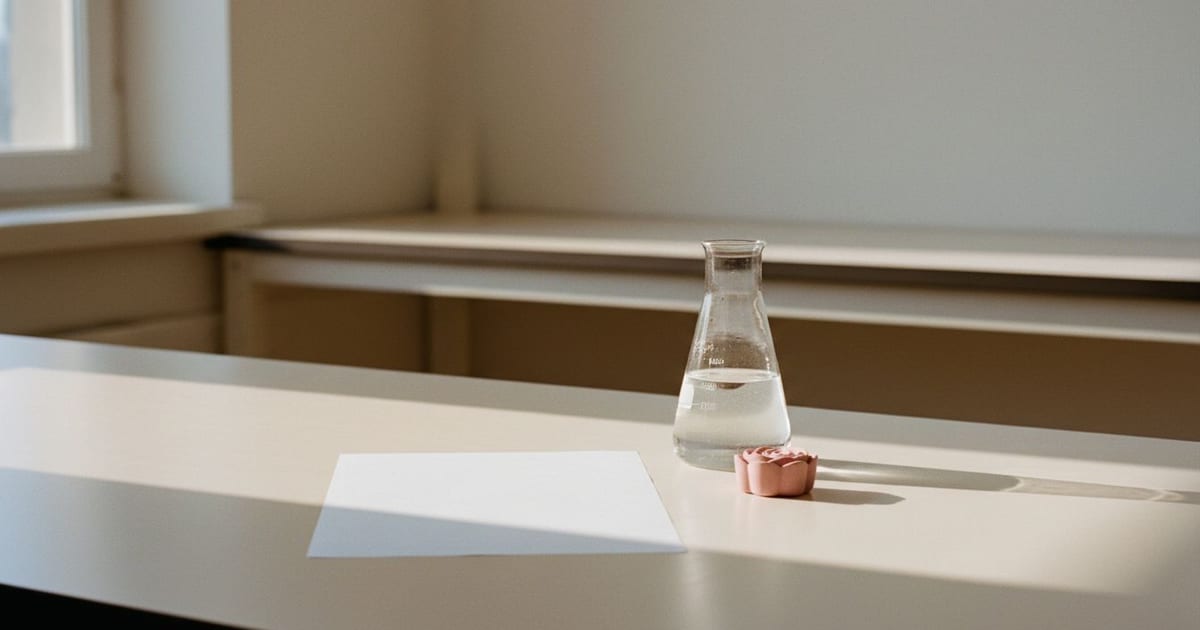 A blank sheet of paper lying on a bright bench beside a clear flask and a small rose coloured object.