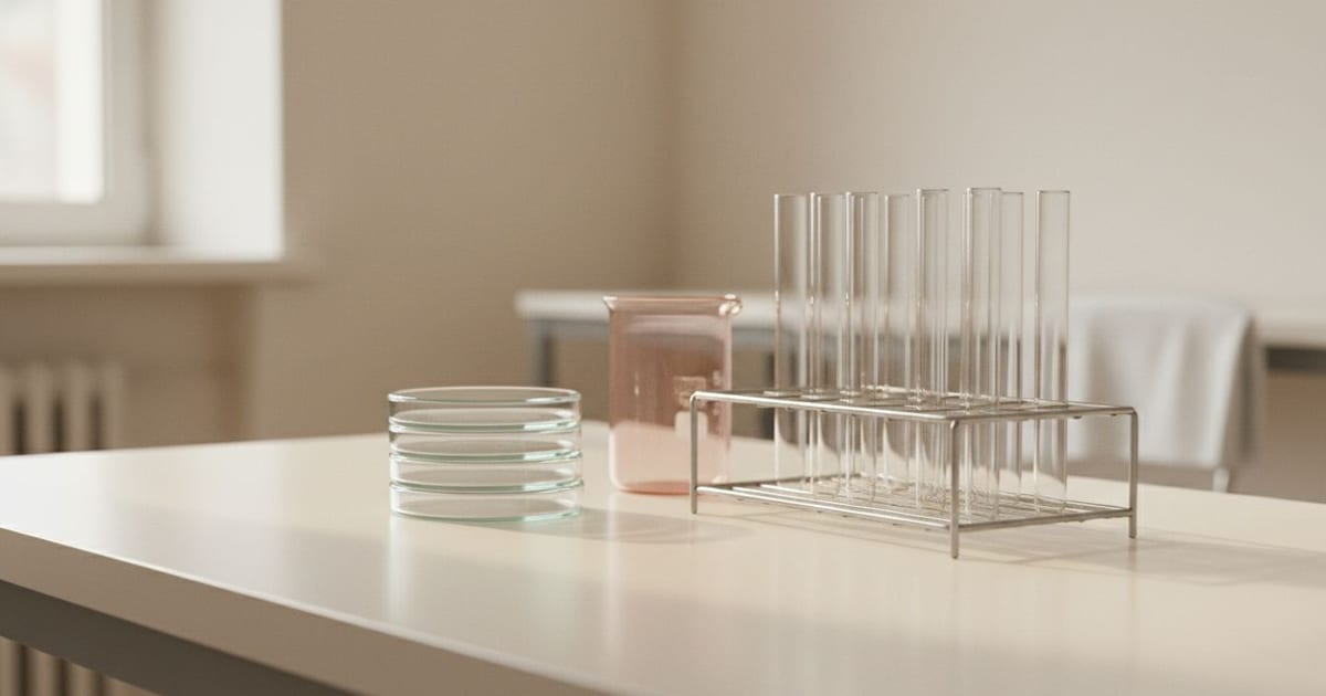 A stack of clear glass petri dishes beside a rack of plain glass tubes and a rose beaker on a white bench.
