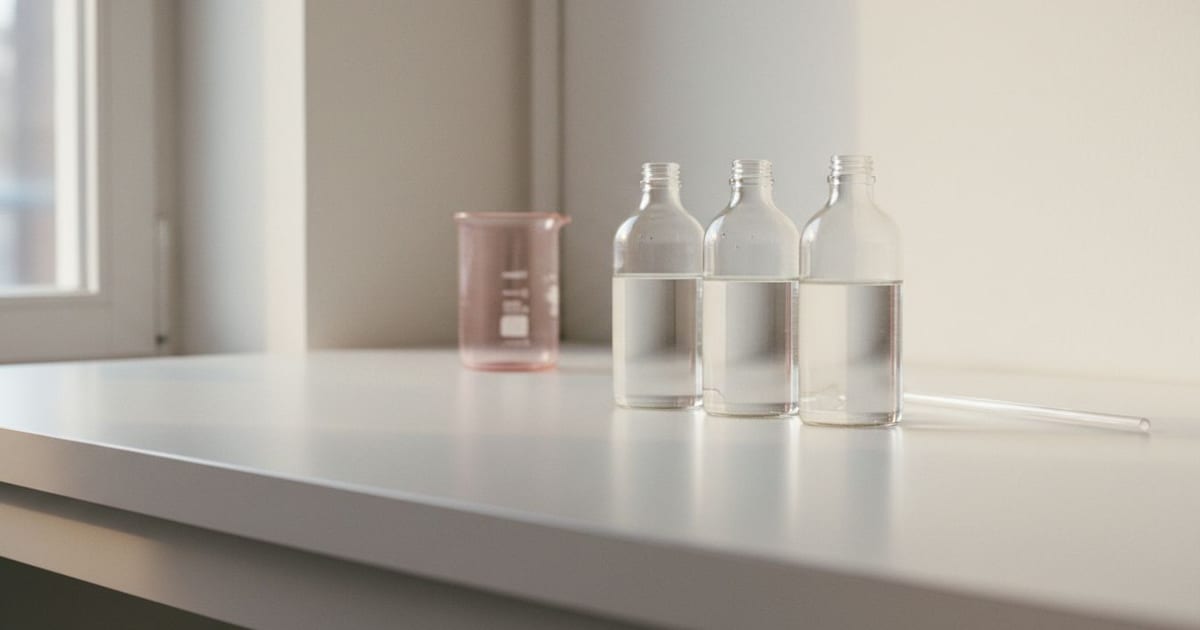 Three plain open necked bottles of clear liquid with a glass rod and a rose beaker on a bright bench.