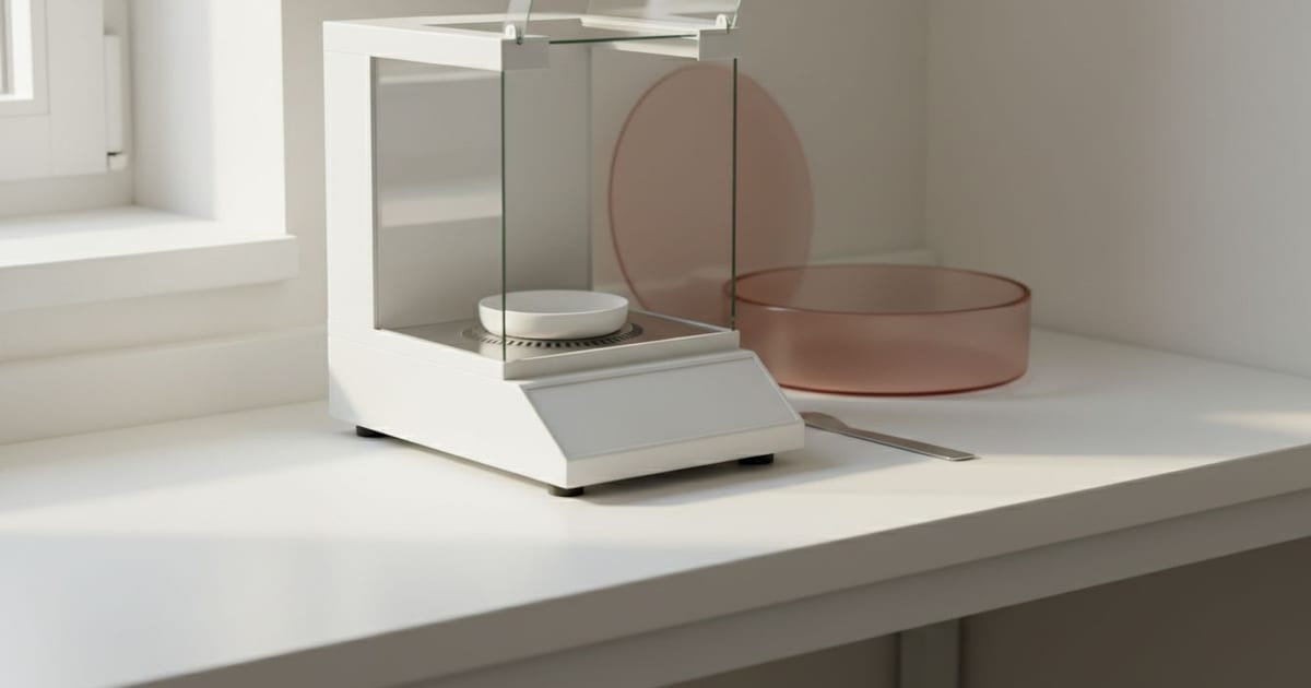 An analytical balance with its glass shield open and an empty weighing boat on the pan.