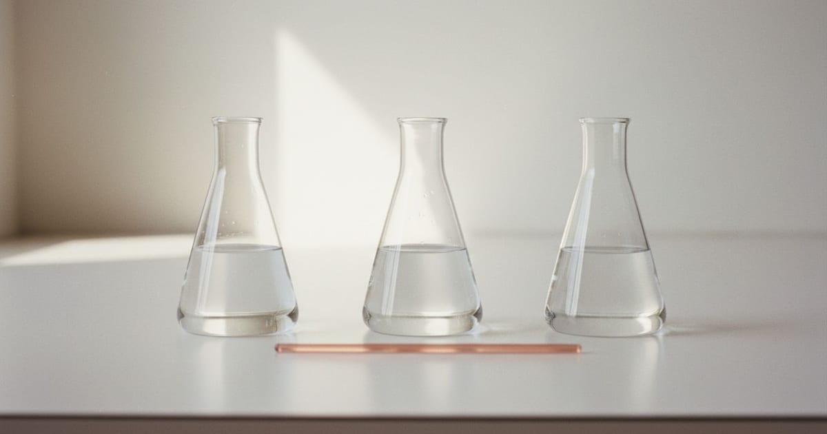 Three matched clear glass flasks standing in a row on a white bench, each filled to a different level.