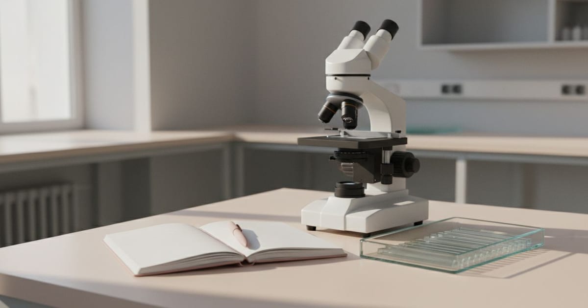A microscope beside a tray of blank glass slides and an open notebook on a bright white bench.