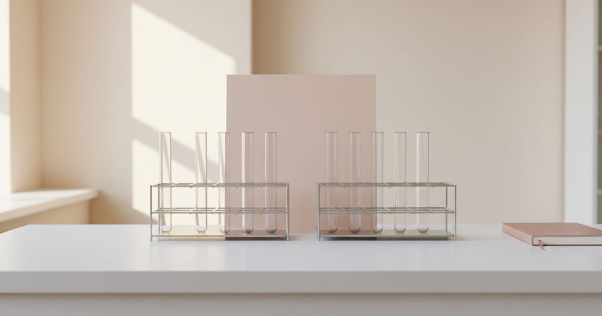 Two matched racks of plain glass tubes side by side on a white bench, lit slightly differently.