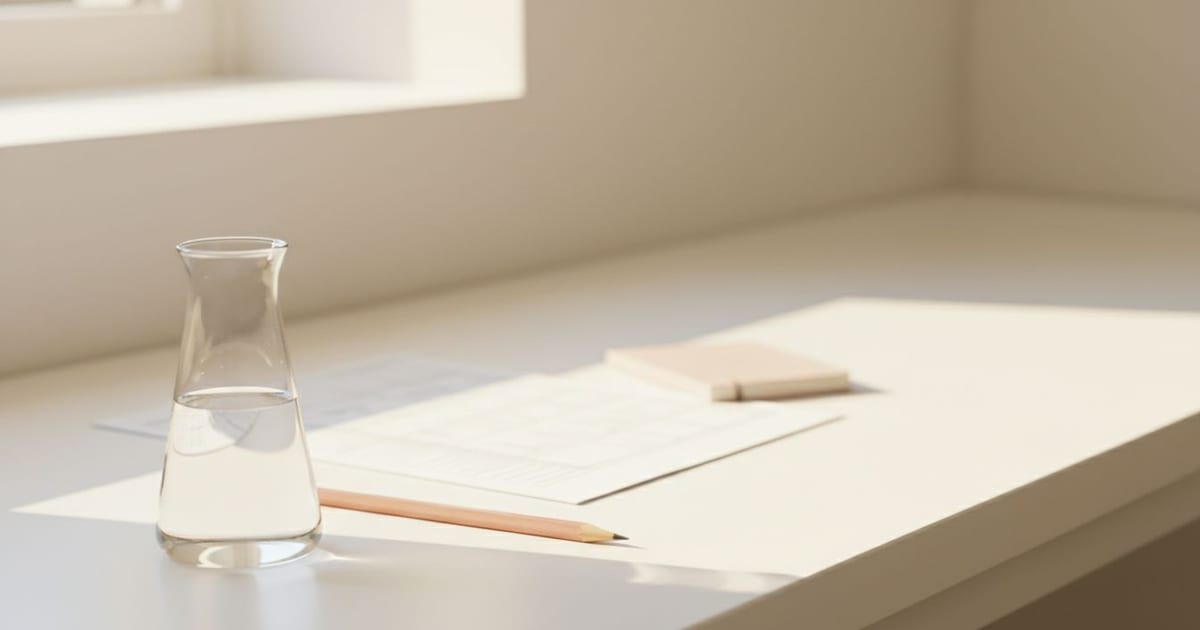 A printed chart lying out of focus on a bright bench behind a clear flask and a rose pencil.