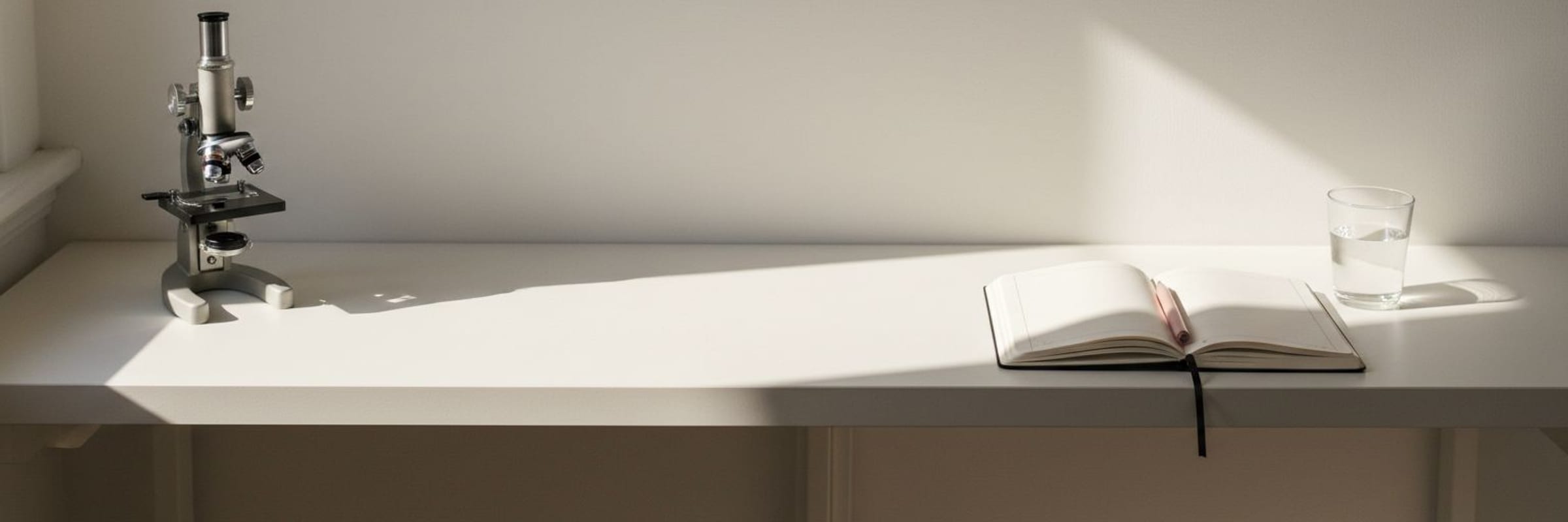 A quiet white bench with a microscope at one end and an open blank notebook at the other.