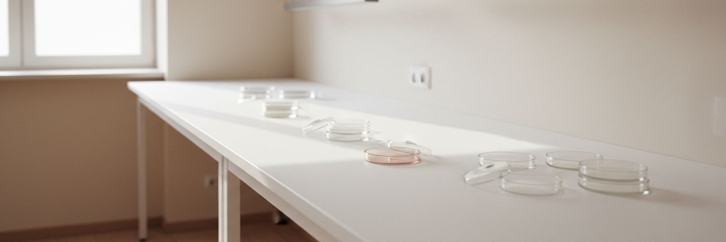 Clear petri dishes laid out and stacked on a bright white laboratory bench under an even lamp.