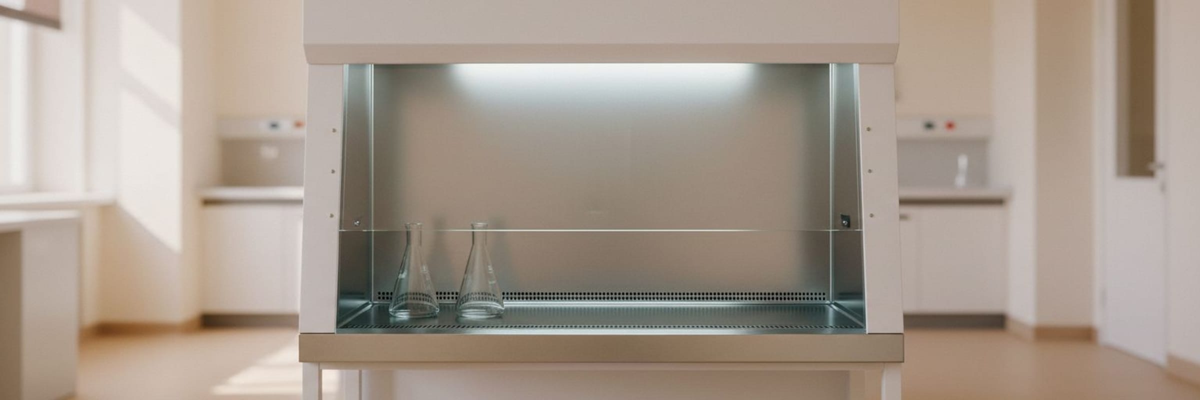 The wide clean deck of an open laminar flow hood with two plain culture flasks at one side.