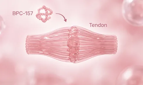 Stylized illustration of a bundle of parallel tendon fibres running across the frame and meeting at a join in the middle, tagged Tendon, with a beaded molecule labelled BPC-157 arriving along a curved arrow.