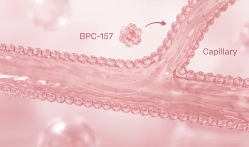Stylized illustration of the inside of a beaded vessel with a narrower branch running out of its wall, tagged Capillary, with a beaded round molecule labelled BPC-157 travelling along a curved arrow.