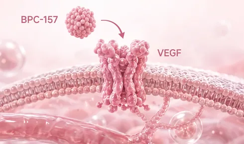 Stylized illustration of a VEGF receptor threaded through a curved cell membrane, tagged VEGF, with a beaded round molecule labelled BPC-157 approaching it along a curved arrow and a small branching vessel below it inside the cell.