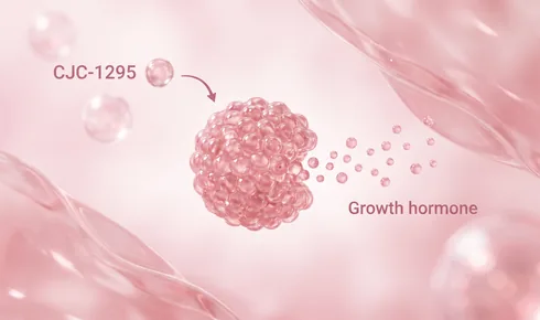 Stylized illustration of a small rounded gland with a stream of tiny rounded molecules leaving one side of it, tagged Growth hormone, with a rounded molecule labelled CJC-1295 arriving along a curved arrow.