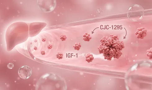 Stylized illustration of the inside of a blood vessel with beaded round molecules drifting in the plasma, tagged IGF-1, streaming out of a soft liver silhouette at one side of the frame, with a larger beaded molecule labelled CJC-1295 on a curved arrow.