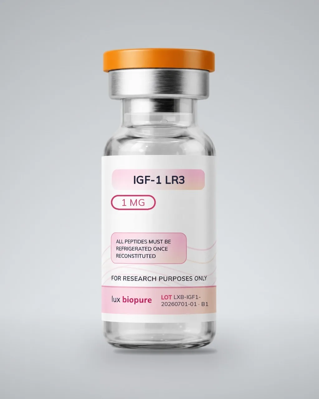IGF-1 LR3 1mg vial standing upright on a plain pale grey ground, label facing forward