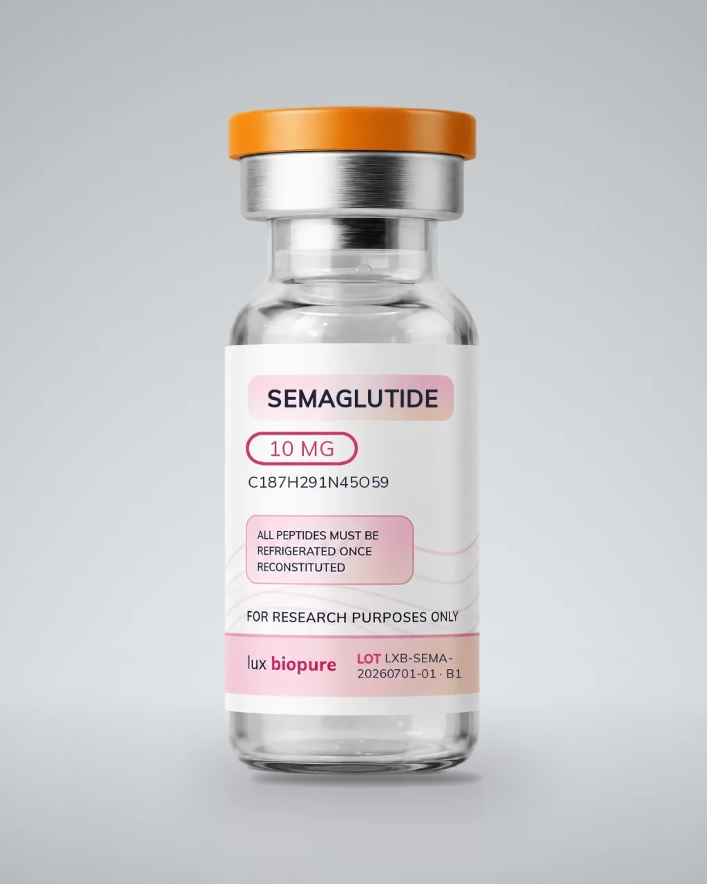 Semaglutide 10mg vial standing upright on a plain pale grey ground, label facing forward