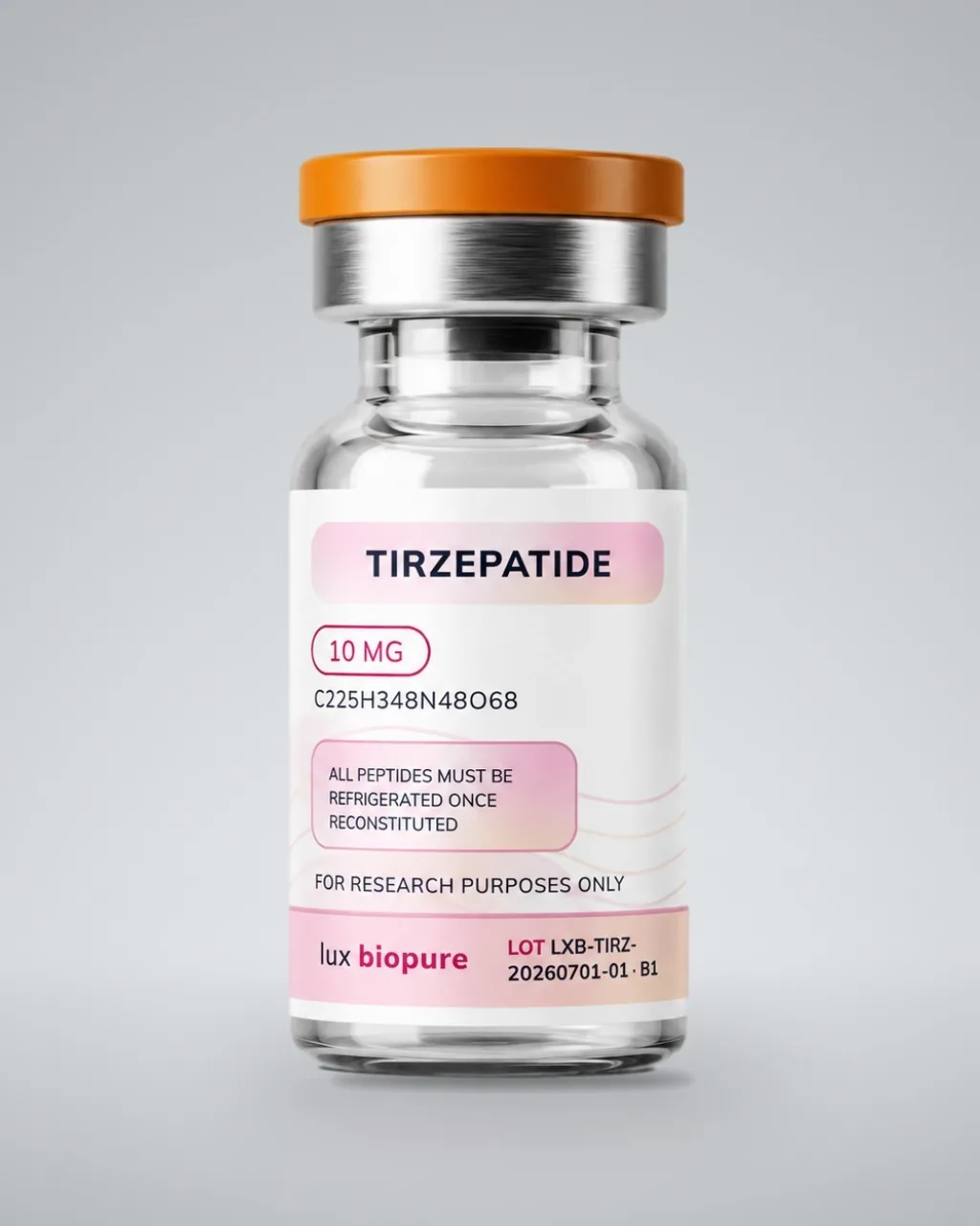Tirzepatide 10mg vial standing upright on a plain pale grey ground, label facing forward