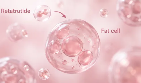 Stylized illustration of a rounded fat-storing cell holding several round droplets inside it, with small energy particles drifting around it, tagged Fat cell, with a rounded molecule labelled Retatrutide arriving along a curved arrow.