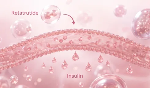 Stylized illustration of a length of gut lining with small rounded particles moving slowly along the channel above it and insulin droplets rising from the cells below, tagged Insulin, with a rounded molecule labelled Retatrutide arriving along a curved arrow.
