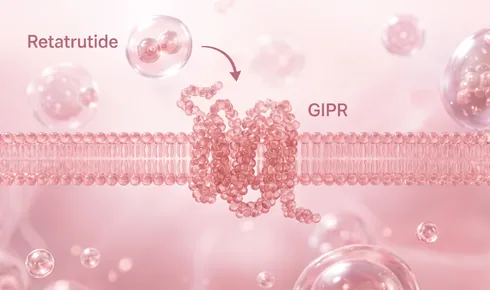 Stylized illustration of the GIP receptor threaded through a cell membrane, with a rounded molecule labelled Retatrutide approaching it along a curved arrow, and the receptor itself tagged GIPR.
