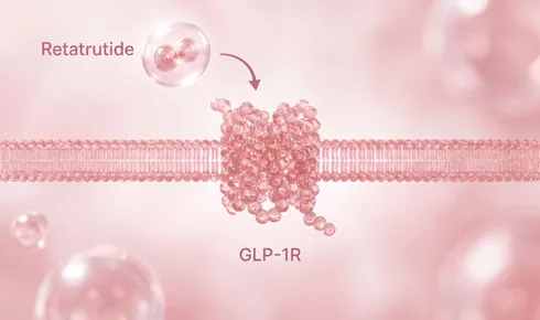 Stylized illustration of the GLP-1 receptor threaded through a cell membrane, with a rounded molecule labelled Retatrutide approaching it along a curved arrow, and the receptor itself tagged GLP-1R.