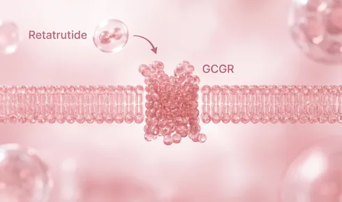 Stylized illustration of the glucagon receptor threaded through a cell membrane, tagged GCGR, with a rounded molecule labelled Retatrutide approaching it along a curved arrow.