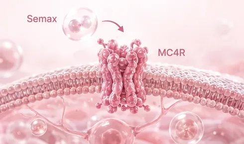 Stylized illustration of a melanocortin receptor threaded through a curved cell membrane, tagged MC4R, with a rounded molecule labelled Semax approaching it along a curved arrow and a branching brain cell below.