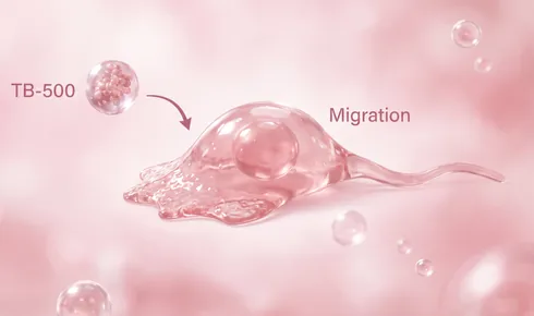 Stylized illustration of a single cell with a broad ruffled edge at one end and a narrow tail at the other, tagged Migration, with a rounded molecule labelled TB-500 arriving along a curved arrow.