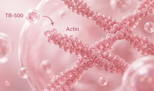 Stylized illustration of beaded twisted filaments crossing inside a rounded cell, tagged Actin, one of them growing at its tip, with a small translucent molecule labelled TB-500 approaching along a curved arrow.