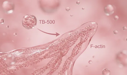 Stylized illustration of the broad leading edge of a single cell, tagged F-actin, with bundles of beaded filaments fanning into it and a small translucent molecule labelled TB-500 approaching along a curved arrow.