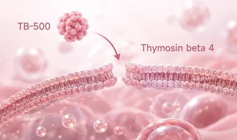Stylized illustration of two sheets of cells walled by beaded double layers closing in on a narrow gap between them, tagged Thymosin beta 4, with a beaded round molecule labelled TB-500 approaching along a curved arrow.